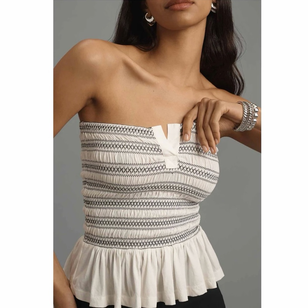 Maeve Anthropology Black and White Smocked Strapless Blouse Tube Top Peplum